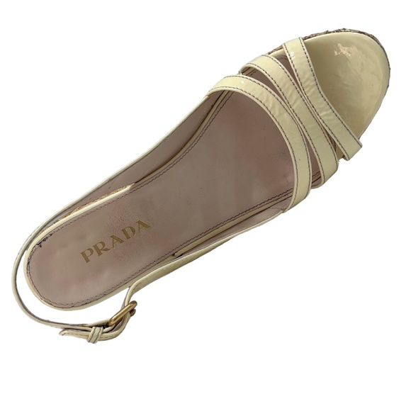 PRADA CREAM PATENT LEATHER WEDGE WOVEN RAFFIA PLATFORM SANDAL - Picture 15 of 16